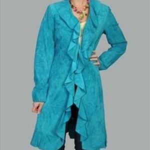 Skully Ruffled Turqoise Suede Leather Long Jacket